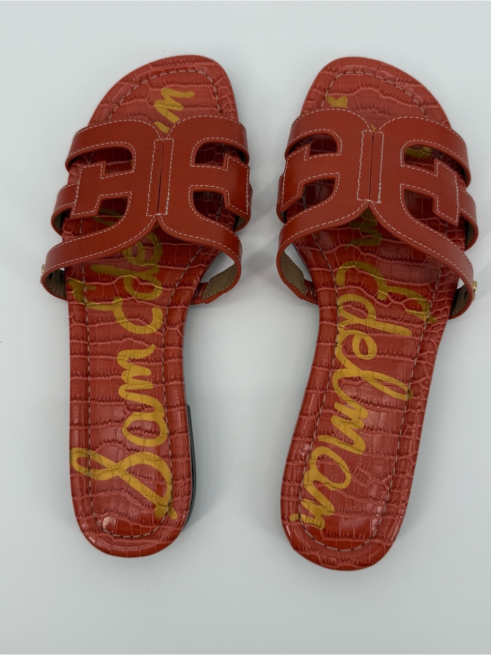 Sam Edelman Bay Slide Sandals Orange Leather Croc Size 8 Designer - Picture 6 of 11